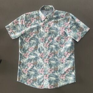 Izod Men's Floral Button-Down Shirt - Green and Pink Hawaiian Shirt